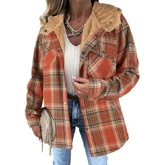 Women's Plaid Shacket Hooded Fleece Jacket Long Sleeve Button Front - Picture 2 of 8